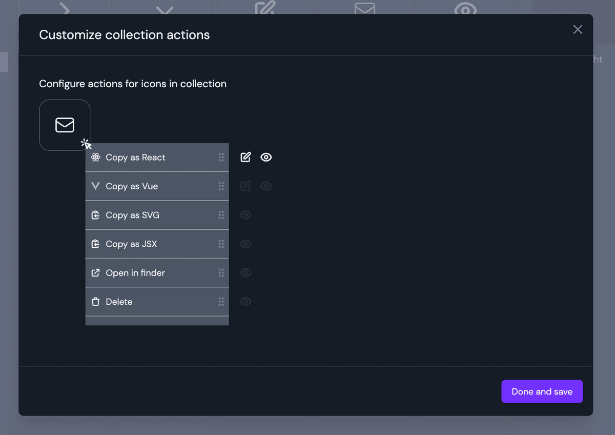 image of customize actions popup